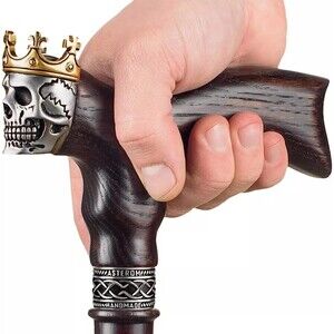 ASTEROM Walking Cane Skull King Crown Handle 35in Oak Wood Ergonomic Handmade